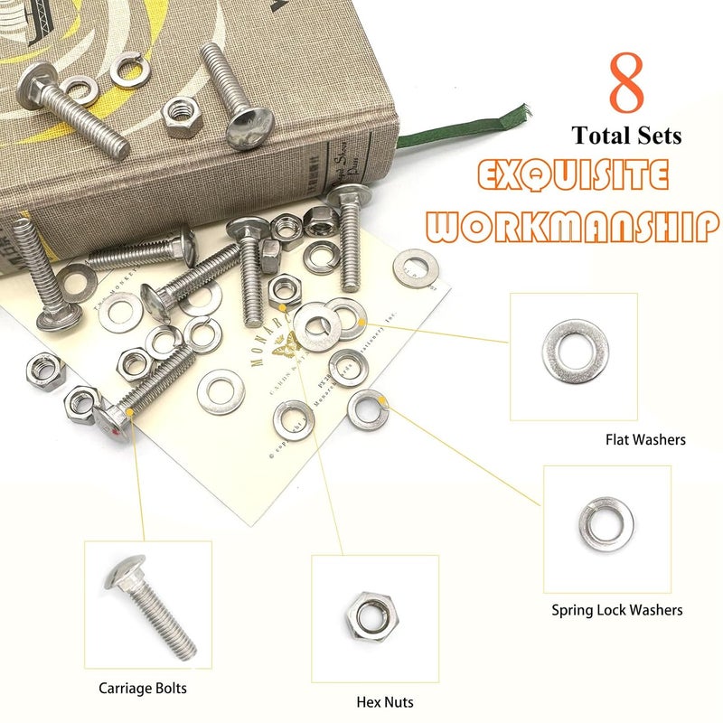 Matrelt 8 Sets 5/16"-18 x1-1/2 Carriage Bolts Round Head Square Neck Screws with Hex Nuts Flat Washers Spring Lock Washers 304 Stainless Steel Full Thread Coverage Square Neck Bolts Assortment Kit - Image 4